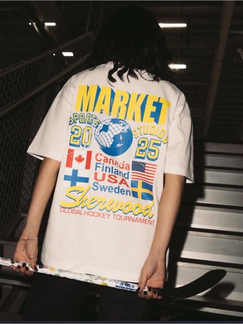 Arket White Tee with Yellow and Blue Graphic Back Print